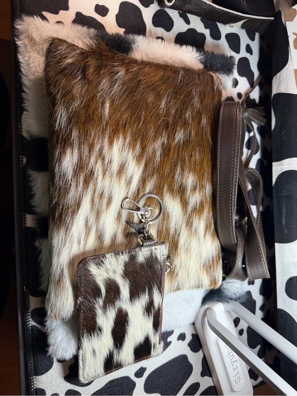 Faux Fur Brown & White Cowhide Crossbody Bag with Matching Pouch